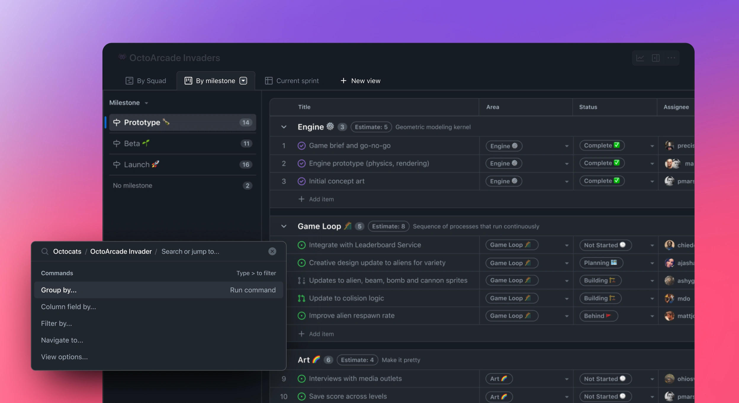 Screenshot of a project management dashboard showing tasks organized by milestone for the 'OctoArcade Invaders' project, with tasks grouped under categories like 'Engine,' 'Game Loop,' and 'Art’ with a light purple to pink background gradient.